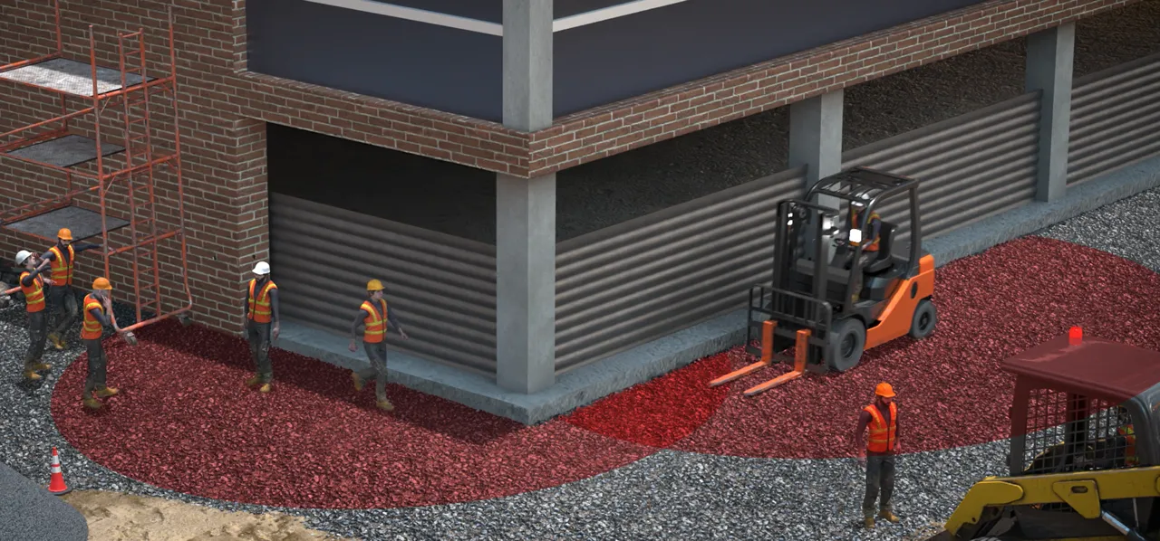 Explanatory 3d render showing detection area of pedestrian and driver with picoTera's accident avoidance system